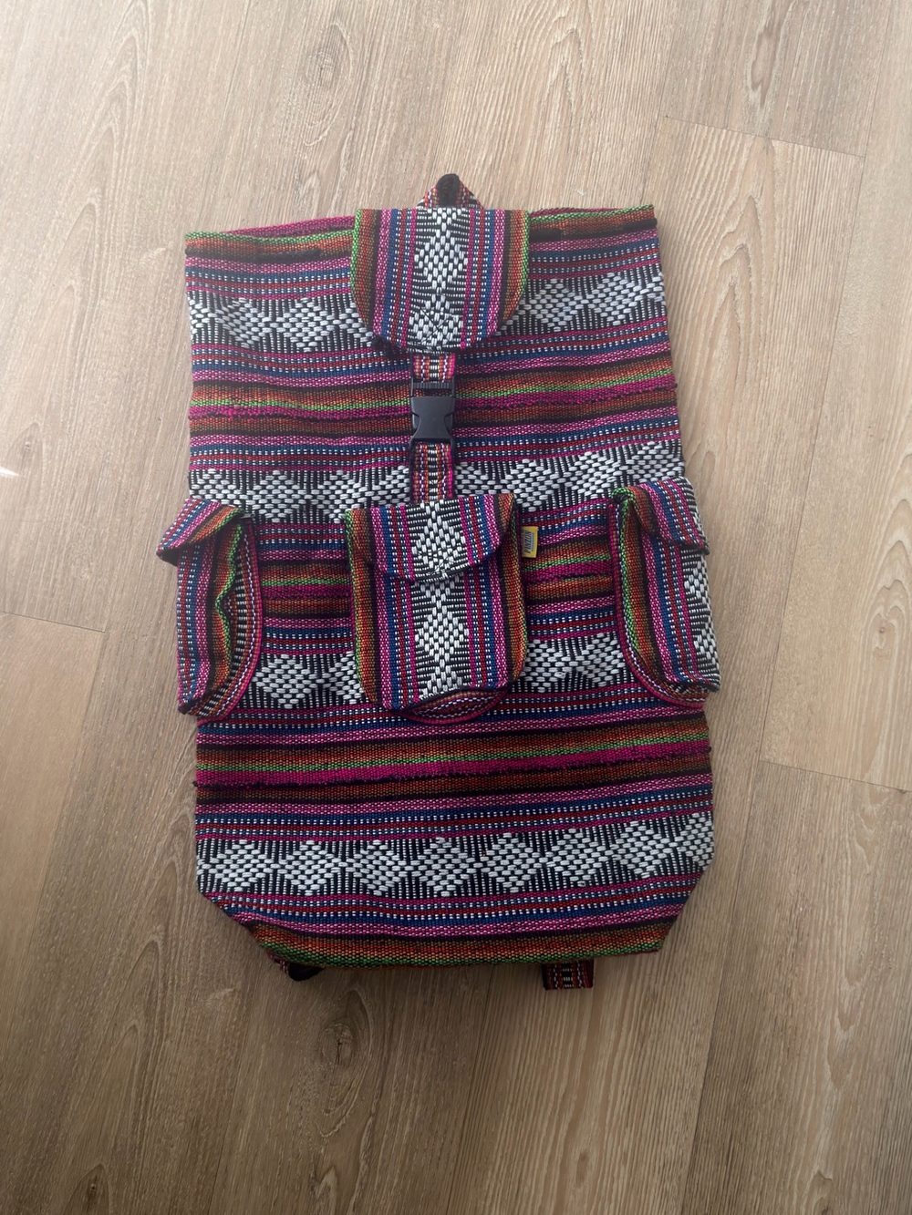 Multicolor Woven Travel Backpack — Boho Stripe Design